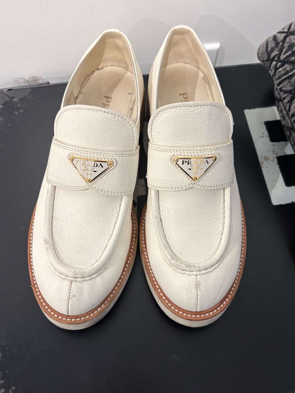 Prada Cream Leather Penny Loafers with Gold Triangle Logo